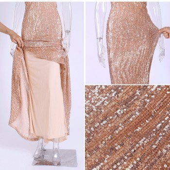 Open Back Sequined Maxi Dress Floor Length Dress Sleeveless Strapless Deep V Neck Mermaid Party Dress Champagne Gold Silver